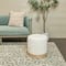 16" White Geometric Boucle Stool with Brown Wooden Base